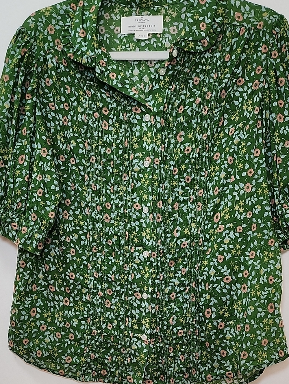 Anthropologie Trovata Romantic Green Floral Pintuck Button-Down Blouse Size L - Picture 15 of 16